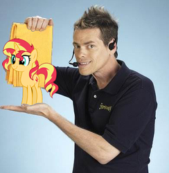 Size: 390x400 | Tagged: safe, artist:orin331, edit, sunset shimmer, human, pony, g4, cute, female, holding a pony, in goliath's palm, irl, irl human, male, meme, micro, photo, shamwow, shimmerbetes, smiling, teenager, vince offer, younger