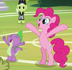 Size: 931x909 | Tagged: safe, screencap, granny smith, pinkie pie, sludge (g4), spike, dragon, father knows beast, g4, bipedal, buckball, cropped, referee, winged spike, wings
