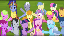 Size: 1920x1080 | Tagged: safe, screencap, berry punch, berryshine, blues, bon bon, caramel, carrot top, cherry berry, daisy, flower wishes, golden harvest, goldengrape, hoo'far, linky, lucky clover, noteworthy, princess cadance, princess flurry heart, royal riff, shoeshine, sir colton vines iii, sweetie drops, twilight sparkle, alicorn, earth pony, pony, saddle arabian, unicorn, g4, road to friendship, aunt and niece, auntie twilight, background pony, background pony audience, cheering, discovery family logo, eyes closed, female, goggles, male, mare, mother and daughter, stallion, twilight sparkle (alicorn)