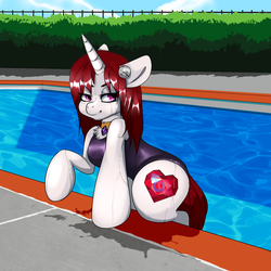 Size: 1500x1500 | Tagged: safe, artist:moonrunes, oc, oc only, oc:mistress ecstacy, pony, unicorn, bedroom eyes, clothes, latex, latex suit, one-piece swimsuit, simple background, solo, swimming pool, swimsuit, wet
