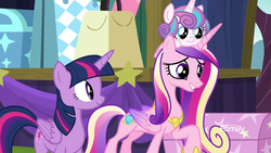 Size: 1920x1080 | Tagged: safe, screencap, princess cadance, princess flurry heart, twilight sparkle, alicorn, pony, g4, road to friendship, baby, baby pony, concave belly, crown, discovery family logo, female, flurry heart riding cadance, hoof shoes, jewelry, mare, peytral, ponies riding ponies, pony hat, princess shoes, quadrupedal, raised hoof, regalia, riding, sisters-in-law, slender, smiling, stage, standing, thin, twilight sparkle (alicorn)