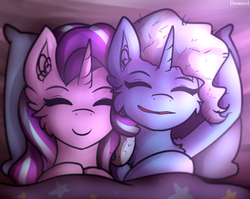 Size: 833x664 | Tagged: safe, artist:deraniel, starlight glimmer, trixie, pony, unicorn, g4, bed, best friends, cute, eyes closed, female, happy, mare, pillow, sleeping, sleepover, smiling