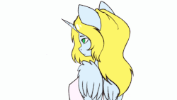 Size: 1280x720 | Tagged: safe, artist:shiro-roo, oc, oc only, oc:graceful charity, alicorn, anthro, alicorn oc, animated, bare shoulders, blushing, bra strap, clothes, cute, female, frame by frame, grin, looking at you, oversized clothes, oversized shirt, shirt, smiling, solo, turning, waving