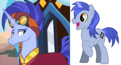 Size: 1188x639 | Tagged: safe, screencap, hoo'far, oc, oc:aeon of dreams, pony, saddle arabian, unicorn, g4, road to friendship, coincidence i think not, comparison, cropped, goggles, literally who, male, raised hoof, simple background, smiling, stallion, white background