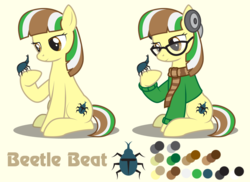 Size: 1100x800 | Tagged: safe, artist:lightning stripe, oc, oc only, oc:beetle beat, oc:hercules, beetle, earth pony, pony, rhinoceros beetle, g4, brown eyes, clothes, female, glasses, headphones, mare, reference sheet, scarf, show accurate, simple background, sitting, solo, sweater, yellow background