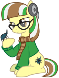 Size: 1741x2307 | Tagged: safe, artist:lightning stripe, oc, oc only, oc:beetle beat, oc:hercules, beetle, earth pony, pony, rhinoceros beetle, g4, brown eyes, clothes, female, glasses, headphones, mare, scarf, show accurate, simple background, sitting, solo, sweater, transparent background