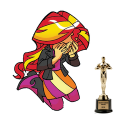 Size: 544x562 | Tagged: safe, edit, idw, sunset shimmer, equestria girls, g4, abuse, award, background pony strikes again, crying, downvote bait, op is a duck, op is trying to start shit, op is wrong, op isn't even trying anymore, oscar, sad, shimmerbuse, worst human