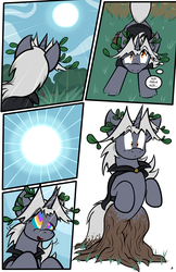 Size: 3500x5406 | Tagged: safe, artist:virmir, oc, oc only, oc:virmare, oc:virmir, comic:nature walk, cape, clothes, comic, dendrification, dialogue, inanimate tf, kaa eyes, plant tf, solo, species swap, sun, transformation, tree