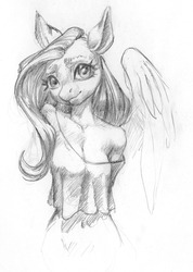 Size: 913x1280 | Tagged: safe, artist:kelpiemoonknives, fluttershy, pegasus, anthro, g4, clothes, female, shirt, solo, traditional art