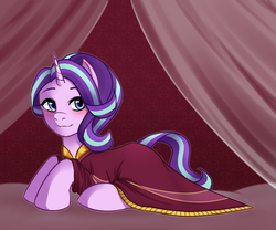 Size: 2500x2083 | Tagged: safe, artist:liny-an, starlight glimmer, pony, unicorn, g4, road to friendship, clothes, curtains, cute, female, high res, looking at you, lying, mare, prone, robe, smiling, solo