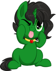 Size: 1024x1293 | Tagged: safe, artist:kellythedrawinguni, oc, oc only, oc:buckshot pellet, pony, unicorn, :p, chibi, colt, jewelry, male, necklace, silly, simple background, solo, tongue out, transparent background