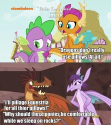 Size: 853x960 | Tagged: safe, edit, screencap, barry, prominence, smolder, spike, dragon, father knows beast, g4, gauntlet of fire, discovery family logo, duckery in the comments, image macro, meme, misspelling, nickelodeon, op is a duck, winged spike, wings