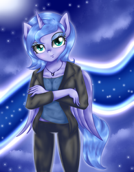 Size: 1000x1280 | Tagged: safe, artist:lielie, princess luna, alicorn, anthro, g4, clothes, female, jewelry, looking at you, necklace