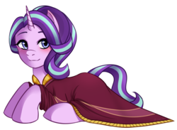 Size: 2600x1900 | Tagged: safe, alternate version, artist:liny-an, derpibooru exclusive, starlight glimmer, pony, unicorn, g4, road to friendship, clothes, cute, female, looking at you, lying, mare, outline, prone, robe, simple background, smiling, solo, transparent background