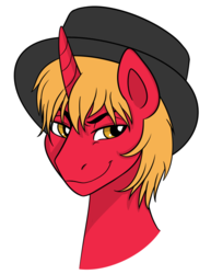 Size: 611x792 | Tagged: safe, artist:snowpaca, oc, oc only, oc:dragon tongue, alicorn, pony, alicorn oc, blonde, bust, hat, male, simple background, smug, solo, stallion, top hat, white background