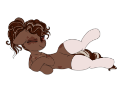 Size: 2000x1500 | Tagged: safe, artist:confetticakez, oc, oc only, oc:ganache, pony, chest fluff, clothes, cute, female, lifted leg, lying down, mare, one eye closed, ponytail, simple background, socks, solo, spots, stockings, thigh highs, transparent background, wink