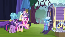 Size: 1920x1080 | Tagged: safe, screencap, princess cadance, princess flurry heart, trixie, twilight sparkle, alicorn, pony, unicorn, g4, road to friendship, aunt and niece, auntie twilight, baby, baby pony, cape, clothes, diaper, female, flurry heart riding cadance, lidded eyes, mare, mother and daughter, ponies riding ponies, pony hat, riding, sisters-in-law, trixie's cape, trixie's wagon, twilight sparkle (alicorn)