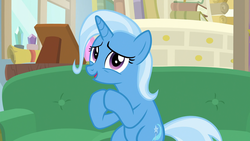 Size: 1920x1080 | Tagged: safe, screencap, trixie, pony, unicorn, g4, road to friendship, couch, female, hooves together, mare, sitting, smiling, solo
