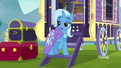 Size: 1920x1080 | Tagged: safe, screencap, trixie, pony, unicorn, g4, road to friendship, cape, clothes, female, lidded eyes, mare, solo, trixie's cape, trixie's wagon