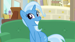 Size: 1920x1080 | Tagged: safe, screencap, trixie, pony, unicorn, g4, road to friendship, couch, cute, diatrixes, female, grin, hnnng, mare, sitting, smiling, solo, starlight's office