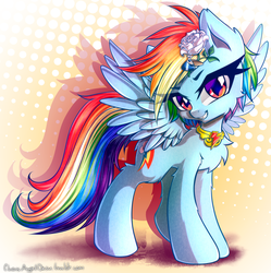 Size: 2164x2174 | Tagged: safe, artist:chaosangeldesu, rainbow dash, pegasus, pony, g4, chest fluff, ear fluff, element of loyalty, female, flower, flower in hair, fluffy, grin, high res, looking at you, mare, smiling, smiling at you, solo, spread wings, wings