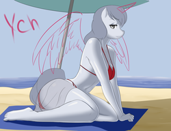 Size: 1280x981 | Tagged: safe, artist:crocodilchik, oc, oc only, anthro, advertisement, anthro oc, auction, beach, belly button, bikini, breasts, clothes, commission, digital art, female, mare, solo, swimsuit, umbrella, underwear, ych example, your character here