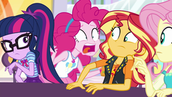 Size: 1920x1080 | Tagged: safe, screencap, fluttershy, pinkie pie, sci-twi, sunset shimmer, twilight sparkle, equestria girls, equestria girls specials, g4, my little pony equestria girls: better together, my little pony equestria girls: rollercoaster of friendship, female, geode of empathy, geode of sugar bombs, geode of telekinesis, open mouth