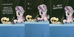 Size: 2394x1200 | Tagged: safe, alternate version, artist:nekokevin, fluttershy, starlight glimmer, pegasus, pony, unicorn, series:nekokevin's glimmy, g4, ..., cute, dialogue, duo, female, frog (hoof), glimmerbetes, implied fluttertree, irl, mare, microphone, old shame, photo, plushie, shyabetes, sitting, smiling, sunglasses, table, text, underhoof