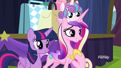 Size: 1920x1080 | Tagged: safe, screencap, princess cadance, princess flurry heart, twilight sparkle, alicorn, pony, g4, road to friendship, aunt and niece, auntie twilight, baby, baby pony, female, filly, foal, hoof on chest, mare, mother and daughter, sisters-in-law, twilight sparkle (alicorn)