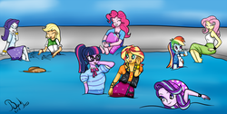 Size: 1200x606 | Tagged: safe, artist:bandijones, applejack, fluttershy, pinkie pie, rainbow dash, rarity, sci-twi, starlight glimmer, sunset shimmer, twilight sparkle, equestria girls, g4, clothes, commission, fully clothed, funny, glasses, hat, humane five, humane seven, humane six, party, pool party, smiling, swimming, swimming pool, water, wet