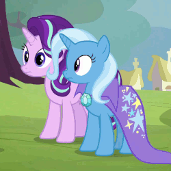 Size: 676x676 | Tagged: safe, edit, screencap, starlight glimmer, trixie, pony, unicorn, g4, road to friendship, season 8, animated, cape, clothes, do not want, duo, female, image macro, impact font, mare, meme, nope, reaction image, trixie's cape