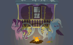 Size: 650x400 | Tagged: safe, artist:agrol, starlight glimmer, trixie, pony, unicorn, g4, road to friendship, season 8, angry, animated, bags under eyes, campfire, carrot, cute, duo, female, fire, food, gif, glowing horn, gray background, horn, magic, mare, pointy ponies, shadow, simple background, telekinesis, tired, trixie's wagon