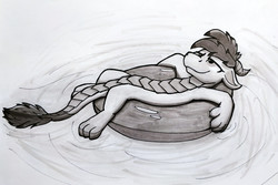 Size: 1800x1204 | Tagged: safe, artist:moemneop, oc, oc only, oc:kami, dragon, grayscale, inner tube, lying down, male, monochrome, solo, traditional art, water