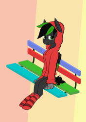 Size: 1024x1448 | Tagged: safe, artist:pegasko, oc, oc only, oc:eytlin, pegasus, pony, bench, clothes, dress, female, hoodie, mare, paws, sitting, socks, solo, striped socks, vector