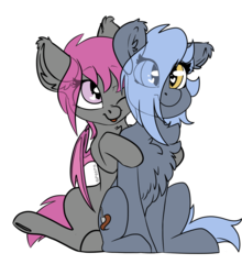 Size: 1280x1453 | Tagged: safe, alternate version, artist:spoopygander, oc, oc only, oc:fruitful melody, oc:panne, bat pony, pony, :p, bat pony oc, best friends, chest fluff, duo, duo female, female, heart eyes, hug from behind, huggies, silly, simple background, tongue out, white background, wingding eyes
