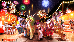 Size: 1920x1080 | Tagged: safe, artist:phoenixperegrine, derpy hooves, diamond tiara, flash sentry, princess cadance, princess celestia, princess ember, princess flurry heart, princess luna, princess skystar, queen chrysalis, silver spoon, spike, spitfire, tempest shadow, twilight sparkle, winona, oc, oc:fausticorn, oc:fluffle puff, oc:poniko, oc:rokuchan, alicorn, dragon, earth pony, hippogriff, pegasus, pony, unicorn, g4, my little pony: the movie, candy, chopsticks, clothes, female, filly, fireworks, flower, flower in hair, food, glasses, japanese, japanese summer festival, kimono (clothing), lollipop, male, mare, mask, patreon, patreon logo, stallion, twilight sparkle (alicorn), winged spike, wings