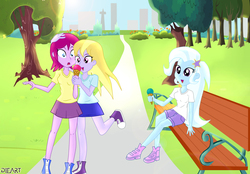 Size: 2338x1629 | Tagged: safe, artist:dieart77, fuchsia blush, lavender lace, trixie, equestria girls, g4, my little pony equestria girls: rainbow rocks, background human, bench, converse, female, food, ice cream, shoes, sitting, tree, trio, trixie and the illusions