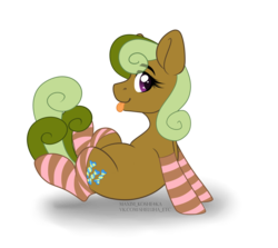 Size: 4584x4091 | Tagged: safe, artist:maximkoshe4ka, cinnabon (g4), earth pony, pony, g4, absurd resolution, clothes, commission, cute, female, mare, silly, simple background, socks, solo, striped socks, tongue out, transparent background, ych result