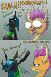 Size: 1200x1833 | Tagged: safe, artist:underpable, ocellus, queen chrysalis, smolder, changeling, changeling queen, dragon, g4, what lies beneath, :t, bipedal, blush sticker, blushing, cheek squish, comic, cute, cute bug noises, cutealis, dab, dank, descriptive noise, dialogue, diaocelles, disguise, disguised changeling, exclamation point, eye bulging, female, frown, funny, gray background, interrobang, lidded eyes, meme, queen chrysellus, question mark, raised hoof, rubbing, sad, scene interpretation, screaming, sharp teeth, shivering, shocked, simple background, sitting, smiling, squishy cheeks, surprised, teary eyes, teeth, text, tongue out, wide eyes, wild take