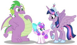Size: 6393x3767 | Tagged: safe, artist:aleximusprime, princess flurry heart, spike, twilight sparkle, alicorn, dragon, pony, flurry heart's story, g4, adult, adult spike, big crown thingy, bow, chubby, cute, fat spike, female, filly, filly flurry heart, future, future spike, jewelry, older, older spike, older twilight, plump, regalia, simple background, tiara, transparent background, trio, twilight sparkle (alicorn), vector, winged spike, wings