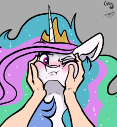 Size: 1280x1383 | Tagged: dead source, safe, artist:greyscaleart, princess celestia, alicorn, human, pony, :t, annoyed, blushing, bust, cheek squish, crown, cute, cutelestia, ethereal mane, featured image, female, floppy ears, frown, gray background, greyscaleart is trying to murder us, jewelry, looking at you, majestic as fuck, mare, messy mane, offscreen character, one eye closed, pov, puffy cheeks, regalia, rubbing, signature, simple background, solo focus, sparkly mane, squishy cheeks, starry mane, sweet dreams fuel, this will end in death, this will end in tears, this will end in tears and/or a journey to the moon, this will end in tears and/or death, this will end well, wide eyes, wink