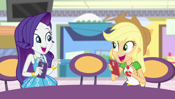 Size: 1920x1080 | Tagged: safe, screencap, applejack, rarity, equestria girls, equestria girls series, g4, rollercoaster of friendship, canterlot mall, female, geode of shielding, geode of super strength, iphone, phone