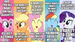 Size: 1280x720 | Tagged: safe, editor:useraccount, applejack, fluttershy, pinkie pie, rainbow dash, rarity, g4, bad pun, extended theme, image macro, meme, name pun, pun, song reference, theme song