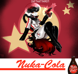 Size: 1600x1519 | Tagged: safe, artist:brainiac, oc, oc only, oc:blackjack, pony, unicorn, semi-anthro, fallout equestria, fallout equestria: project horizons, butt, clothes, fallout, fanfic art, female, mare, midriff, nuka cola, nuka girl, plot, solo, text, updated