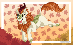 Size: 3284x2008 | Tagged: safe, artist:missydakota, autumn blaze, kirin, g4, sounds of silence, female, high res, leaf, open mouth, solo