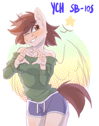 Size: 2360x3000 | Tagged: safe, artist:swoopypoolin, oc, oc only, earth pony, anthro, auction, blushing, clothes, commission, digital art, eye clipping through hair, female, high res, looking at you, mare, one eye closed, shirt, shorts, simple background, smiling, solo, white background, wink, ych example, your character here