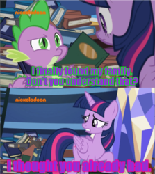 Size: 640x716 | Tagged: safe, screencap, spike, twilight sparkle, alicorn, pony, father knows beast, g4, book, guardians of the galaxy, guardians of the galaxy vol. 2, marvel cinematic universe, text, twilight sparkle (alicorn)