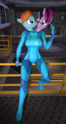 Size: 555x1047 | Tagged: safe, rainbow dash, twilight sparkle, anthro, g4, 3d, alternate hairstyle, conjoined, fusion, metroid, multiple heads, punklight sparkle, samus aran, source filmmaker, two heads, zero suit