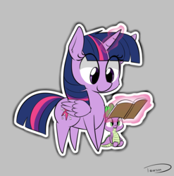 Size: 2278x2306 | Tagged: safe, artist:taurson, part of a set, spike, twilight sparkle, alicorn, pony, g4, book, female, gray background, high res, levitation, magic, mare, reading, simple background, smiling, telekinesis, twilight sparkle (alicorn)