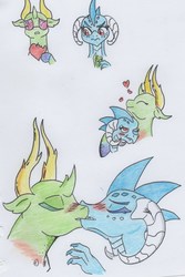Size: 1055x1579 | Tagged: safe, artist:kuroneko, derpibooru exclusive, princess ember, thorax, changedling, changeling, dragon, g4, blushing, changeling x dragon, colored pencil drawing, dragoness, eyes closed, female, heart, hug, interspecies, king thorax, kissing, male, ship:embrax, shipping, simple background, straight, traditional art, white background